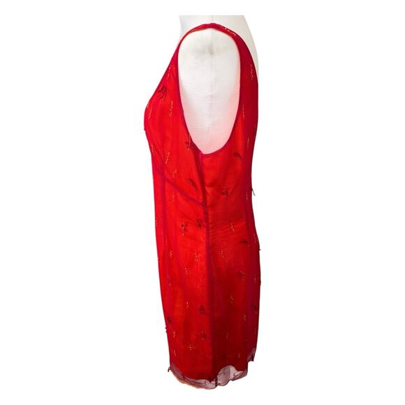 Vintage Express Mesh Overlay Beaded Red Bustier Dress Plunge Neck 90s Y2k 14 - Picture 7 of 10